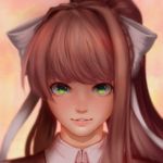  absurdres bangs blurry bow brown_hair collared_shirt commentary depth_of_field doki_doki_literature_club green_eyes hair_bow high_ponytail highres looking_at_viewer monika_(doki_doki_literature_club) parted_lips ponytail portrait shirt smile solo sorapoi teeth white_bow white_shirt wing_collar 