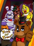  2017 animatronic avian bear bird bonnie_(fnaf) bow_tie canine chica_(fnaf) chicken five_nights_at_freddy&#039;s fox foxy_(fnaf) freddy_(fnaf) halloween hat holidays lagomorph machine mammal poruteno31 rabbit robot top_hat video_games 