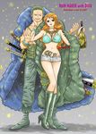  1boy 1girl boots bottle bracelet breasts brown_eyes curvy female green_hair grey_background jewelry katana large_breasts male money nami_(one_piece) one_piece orange_hair roronoa_zoro short_hair shorts standing sword tattoo thighs together top_bikini 