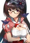  akamizuki_(akmzk) bat black_hair blush breasts brown_hair fate/grand_order fate_(series) fingerless_gloves glasses gloves hairband large_breasts long_hair looking_at_viewer low_twintails origami osakabe-hime_(fate/grand_order) purple_eyes simple_background sketch smile solo twintails very_long_hair white_background 
