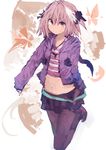  absurdres astolfo_(fate) casual fang fate/apocrypha fate_(series) hair_intakes hair_ribbon highres hood hooded_jacket jacket jewelry kaamin_(mariarose753) male_focus midriff multicolored_hair navel necklace open_clothes open_jacket otoko_no_ko pantyhose pink_eyes pink_hair pleated_skirt purple_jacket ribbon shirt skirt smile solo streaked_hair striped striped_shirt white_background 
