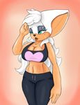  anthro big_breasts black_nose breasts cleavage clothed clothing digital_media_(artwork) female hair long_hair makeup mammal midriff navel nukenugget rouge_the_bat simple_background smile solo sonic_(series) white_hair 