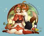  2girls animal_ears apple big_bad_wolf_(grimm) blonde_hair blue_eyes cape emma_(yakusoku_no_neverland) gilda_(yakusoku_no_neverland) glasses green_eyes hood hug little_red_riding_hood mao_(pixiv_21075262) messy_hair multiple_girls orange_hair tail wolf_ears yakusoku_no_neverland 