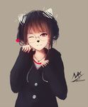  ;) animal_ears artist_name bangs black_coat blunt_bangs brown_background brown_hair cat_ears closed_mouth drawn_ears drawstring fake_animal_ears glasses hands_up heart highres jewelry long_sleeves looking_at_viewer necklace one_eye_closed original paw_pose pendant pink_eyes red_eyes round_eyewear shimmer short_hair sidelocks simple_background sleeves_past_wrists smile solo tsurime upper_body whiskers 