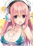  :d bare_arms bare_shoulders bikini_top blush bracelet breasts cleavage collarbone eyebrows_visible_through_hair floral_background green_bikini_top headphones jewelry large_breasts long_hair looking_at_viewer lowres necklace nitroplus open_mouth oryou pendant pink_hair red_eyes seashell see-through shell smile solo super_sonico tareme upper_body 