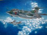  acrylic_paint_(medium) aircraft airplane ambiguous_gender blackburn_buccaneer blue_sky calligraphy_brush_(medium) cloud cloudy_sky commentary day flying hayashi_toshihiro helmet highres jet military outdoors scenery sky traditional_media 