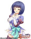  black_hair black_legwear blue_shirt breasts closed_eyes copyright_name ganryou hand_on_own_chest koihime_musou large_breasts official_art open_mouth pochadon ribbon shirt short_hair skirt smile solo thighhighs white_skirt 