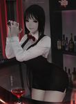  alcohol aoi_ogata bartender black_eyes black_hair black_nails bottle bow bowtie breasts check_translation cocktail_glass cup dress drinking_glass highres large_breasts long_hair looking_at_viewer nail_polish original shaker short_dress smile translation_request very_long_hair 