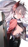  azur_lane black_gloves breasts finger_to_mouth gloves hair_ornament headgear index_finger_raised iron_cross long_hair long_sleeves medium_breasts military mole mole_on_breast multicolored_hair prinz_eugen_(azur_lane) profile red_hair sideboob silver_hair simple_background solo streaked_hair tsurime two_side_up uhouho14 underbust upper_body white_background 