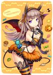  bangs black_gloves blunt_bangs bra breasts brown_hair candy checkerboard_cookie cleavage closed_mouth commentary_request contrapposto cookie cupcake demon_wings elbow_gloves eyebrows_visible_through_hair food garter_straps gia gloves halloween happy_halloween headphones highres jack-o'-lantern lace lace-trimmed_gloves long_hair looking_at_viewer medium_breasts navel orange_bra orange_skirt original partly_fingerless_gloves pumpkin purple_eyes sidelocks skirt smile solo standing striped striped_legwear thighhighs thighs underwear wings 