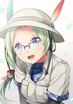  :d black-framed_eyewear black_gloves blue_eyes breast_pocket camouflage_trim commentary dot_nose elbow_gloves eyebrows_visible_through_hair glasses gloves green_hair hair_ribbon hat hat_feather head_tilt helmet highres kemono_friends light_green_hair long_hair looking_at_viewer mirai_(kemono_friends) open_mouth over-rim_eyewear pith_helmet pocket ponytail ribbon semi-rimless_eyewear simple_background smile solo upper_body white_hat yasume_yukito 