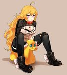  ahoge blonde_hair blush breasts cleavage collar highres large_breasts long_hair ndgd potty purple_eyes rwby solo spiked_collar spikes tears thighhighs yang_xiao_long 