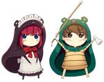  apron bangs blue_eyes blush boa_(brianoa) brown_eyes brown_hair chibi closed_mouth cosplay eyebrows_visible_through_hair eyes_visible_through_hair fate/stay_night fate_(series) fujimura_taiga full_body hands_up highres himouto!_umaru-chan hisui holding holding_weapon jitome komaru komaru_(cosplay) looking_at_viewer maid maid_apron maid_headdress multiple_girls neck_ribbon red_hair red_ribbon ribbon smile standing transparent_background tsukihime weapon 