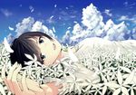  bad_id bad_pixiv_id bangs black_hair blue_eyes blue_sky breasts cloud cloudy_sky day field fingernails flower flower_field from_side highres long_sleeves looking_at_viewer looking_to_the_side lying motion_blur on_back open_mouth original outdoors petals saka_(akurisoh) shirt short_hair sky small_breasts smile solo upper_body white_flower white_shirt 