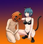  1girl :d animal_ears bangs black_bra black_panties blue_hair blunt_bangs bra breasts cat_ears cat_paws cat_tail cleavage closed_eyes clothed_female_nude_male covering covering_crotch dominatrix gradient gradient_background halloween hat highres hisanoworld jack-o'-lantern medium_breasts nude open_mouth original panties paws penis petting sadism smile squatting standing tail tears trick_or_treat underwear witch_hat 