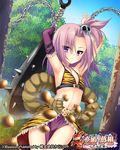  :&lt; animal_print armpits arms_up beans bikini_top chain club copyright_name cuffs day detached_sleeves fighting_stance flat_chest hair_ornament jokou koihime_musou loincloth long_hair navel official_art outdoors pochadon purple_eyes purple_hair rope setsubun showgirl_skirt side_ponytail skirt solo spiked_club tiger_print tree weapon 