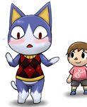  2017 animal_crossing anthro being_watched blue_fur blush bottomless clothed clothing dipstick_tail duo enigi09 feline fur human mammal multicolored_tail nintendo red_eyes rover_(animal_crossing) simple_background sweat video_games villager_(animal_crossing) white_fur 