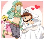  alternate_costume bad_id bad_pixiv_id blonde_hair blue_eyes bridal_veil brown_hair company_connection cosplay crossdressing crossover crown detached_sleeves dress elbow_gloves facial_hair fang gameplay_mechanics gerudo_link gloves jewelry link looking_at_viewer luigi mario mario_&amp;_luigi:_superstar_saga mario_&amp;_luigi_rpg mario_(series) midriff multiple_boys mustache navel necklace nintendo one_eye_closed otoko_no_ko princess_peach princess_peach_(cosplay) riko_(sorube) stomach super_mario_bros. super_mario_odyssey the_legend_of_zelda the_legend_of_zelda:_breath_of_the_wild toned toned_male veil wedding_dress white_dress white_gloves wig 