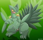  3_fingers 3_toes ambiguous_gender anthro barefoot crouching flora_fauna green_skin looking_aside nintendo nude open_mouth plant pok&eacute;mon pok&eacute;mon_(species) reptile scalie sceptile simple_background solo toes tongue type video_games yellow_eyes 