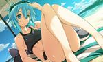 bare_arms bare_legs bare_shoulders beach beach_towel beach_umbrella bikini black_bikini blue_eyes blue_hair blue_sky breasts closed_mouth cloud collarbone commentary_request day dutch_angle goggles goggles_on_head highres knees_up looking_at_viewer outdoors sand shikei shiny shiny_hair shiny_skin short_hair sinon sitting sky small_breasts solo swimsuit sword_art_online towel umbrella water 
