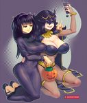  2girls breasts cosplay costume_switch fire_emblem fire_emblem:_kakusei full_body halloween happy hex_maniac_(pokemon) hex_maniac_(pokemon)_(cosplay) large_breasts multiple_girls nintendo phone pokemon pokemon_(game) pokemon_xy purple_eyes purple_hair self_shot smile supersatanson taking_picture tharja tharja_(cosplay) v 