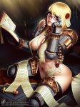  1girl adjusting_eyewear armor blonde_hair blue_eyes book breasts freckles glasses hair_ornament highres looking_at_viewer midriff navel revealing_clothes solo themaestronoob warhammer_40k wax_seal 