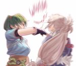  1girl commentary dress fingerless_gloves fire_emblem fire_emblem:_rekka_no_ken fire_emblem_if fire_emblem_musou gloves green_eyes green_hair high_ponytail highres japanese_clothes long_hair lyndis_(fire_emblem) ponytail slapping takumi_(fire_emblem_if) very_long_hair 