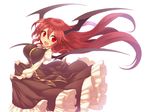 black_skirt breasts dress frilled_skirt frills head_wings juliet_sleeves koakuma kuresento large_breasts lifted_by_self long_hair long_sleeves looking_at_viewer necktie open_mouth puffy_sleeves red_eyes red_hair red_neckwear simple_background skirt skirt_hold skirt_set smile solo touhou white_background 