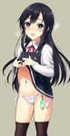  asashio_(kantai_collection) black_hair black_legwear blue_eyes blush condom condom_belt dress dress_lift heart heart-shaped_pupils heavy_breathing kantai_collection kyougoku_shin lifted_by_self long_hair looking_at_viewer navel over-kneehighs panties pinafore_dress remodel_(kantai_collection) side-tie_panties simple_background smile solo standing suspenders sweatdrop symbol-shaped_pupils thighhighs underwear used_condom white_panties wing_collar 