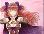  alice_(sennen_sensou_aigis) awakening_(sennen_sensou_aigis) blue_eyes bow breasts brown_hair cape clenched_hand coyubi earrings hair_bow jewelry large_breasts long_hair looking_at_viewer purple_bow purple_cape sennen_sensou_aigis standing tiara 