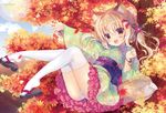  :d animal_ears autumn_leaves bangs blonde_hair blush bow brown_eyes character_request eyebrows_visible_through_hair floral_print frilled_kimono frills geta green_kimono hair_between_eyes hair_bow highres japanese_clothes kimono long_hair long_sleeves looking_at_viewer low_twintails midair miyasaka_miyu open_mouth original outdoors outstretched_arm panties pink_bow shiny shiny_hair smile solo spread_fingers thighhighs twintails underwear white_legwear white_panties wide_sleeves yukata 