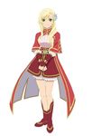  artist_request blonde_hair boots capelet closed_mouth full_body green_eyes hair_ornament knee_boots long_hair looking_at_viewer mileena_weiss official_art red_capelet red_footwear red_skirt simple_background skirt smile solo standing tales_of_(series) tales_of_the_rays v_arms white_background 