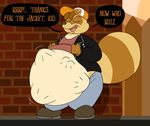  abdominal_bulge anthro clothing english_text eyes_closed male male_pred mammal nemo night_in_the_woods obese open_mouth overweight raised_tail smile struggling text tongue vore 