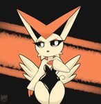  1girl 2017 animal_ears artist_name black_background black_leotard black_sclera breasts dated female furry half-closed_eyes hand_on_own_chest hand_up highres laranthrod leotard lips looking_to_the_side no_humans open_mouth orange_background personification pokemon pokemon_(creature) pokemon_bw simple_background small_breasts solo standing tail text two-tone_background victini watermark white_eyes 
