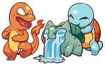  bulbasaur charmander fire gen_1_pokemon no_humans open_mouth pokemon pokemon_(creature) sido_(slipknot) simple_background squirtle standing surprised tail-tip_fire vomiting water white_background wide-eyed 