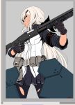  1girl armor bangs belt belt_buckle belt_pouch black_gloves blue_skirt breasts buckle commentary_request cowboy_shot dark_skin eyebrows girls_frontline gloves gun hair_between_eyes hair_ornament hair_ribbon hairclip holding holding_weapon long_hair looking_to_the_side low_ponytail medium_breasts mossberg_590 mossberg_m590_(girls_frontline) pantyhose pleated_skirt pouch pump_action ribbon shotgun shotgun_shells simple_background skirt sleeves_past_elbows solo stomach striped striped_skirt thigh_gap torn_clothes torn_legwear trigger_discipline vertical_foregrip very_long_hair weapon white_hair yaruku yellow_eyes 