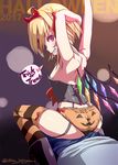  2017 arm_behind_head armpits arms_up ass blonde_hair clothes_writing commentary erection erection_under_clothes fake_horns fang flandre_scarlet garter_straps grin hairband halloween looking_at_viewer looking_back red_eyes short_hair shoulder_blades sitting sitting_on_person smile solo_focus striped striped_legwear sushoyushi thighhighs touhou trick_or_treat twitter_username wings 
