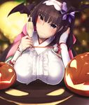  bat black_hair blurry blush breasts champagne_flute commentary_request cup depth_of_field drinking_glass fate/grand_order fate_(series) hood hood_down jack-o'-lantern japanese_clothes large_breasts long_hair looking_at_viewer osakabe-hime_(fate/grand_order) pumpkin purple_eyes satou_daiji solo 