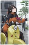  1girl bangs black_hair black_pants blue_eyes blurry blurry_background closed_mouth coat commentary depth_of_field gloves ground_vehicle highres idolmaster idolmaster_shiny_colors long_hair looking_to_the_side mitsumine_yuika motor_vehicle noeru on_vehicle orange_coat outdoors pants purple_gloves rain scooter sitting smile solo vespa 