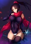  arm_blade bare_shoulders black_hair black_legwear black_leotard blush breasts closed_mouth commentary_request covered_navel cowboy_shot fate/grand_order fate_(series) highleg highleg_leotard katou_danzou_(fate/grand_order) large_breasts leotard long_hair looking_at_viewer ponytail red_scarf robot_joints saisarisu scarf solo thighhighs weapon yellow_eyes 