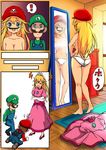  1girl 2boys =_= ass blonde_hair blue_eyes blush breasts brothers brown_hair butt_crack cappy_(mario) censored dress facial_hair full_body gameplay_mechanics gloves hat jitome light_censor long_hair luigi mario mario_(series) medium_breasts mirror multiple_boys mustache open_mouth overalls panties possessed princess_peach shougakusei siblings smile spoken_exclamation_mark super_mario_bros. super_mario_odyssey topless translated underwear underwear_only white_panties 