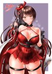  &gt;:) azur_lane bangs bare_shoulders blush breasts brown_hair cleavage collarbone commentary_request covered_navel dated dress eyebrows_visible_through_hair hair_ribbon kasugano_tobari large_breasts long_hair looking_at_viewer open_clothes ponytail purple_background red_dress red_ribbon ribbon ribbon_trim short_dress signature skindentation smile solo steaming_body strap_gap sweat swept_bangs thick_thighs thigh_strap thighs undressing v-shaped_eyebrows very_long_hair yellow_eyes zuikaku_(azur_lane) 