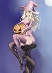  bare_shoulders blonde_hair blue_background boots breasts covered_navel deneb_rove elbow_gloves gloves halloween hat high_heel_boots high_heels highres johan_(johan13) long_hair looking_at_viewer medium_breasts ogre_battle pumpkin purple_hat purple_legwear sitting smile solo thigh_boots thighhighs witch_hat 