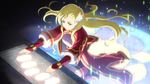  artist_request blonde_hair boots closed_mouth floating_hair green_eyes hair_ornament kneeling long_hair magic mileena_weiss official_art red_footwear red_skirt skirt smile solo tales_of_(series) tales_of_the_rays 
