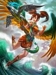  arrow boots bow_(weapon) chinese_clothes cloud cloudy_sky crossbow feathered_wings gloves green_eyes jing_wei_(smite) long_hair long_legs ocean official_art orange_hair rock simon_eckert sky smite solo teeth tree twintails water weapon wings 