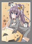  artist_request blue_eyes blush cleavage_cutout embarrassed ghost halloween halloween_costume hat infinite_stratos jack-o'-lantern long_hair looking_at_viewer ponytail purple_hair shinonono_houki witch_hat 