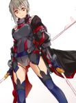  1girl artoria_pendragon_(all) blue_gloves blue_legwear breastplate dual_wielding fate/grand_order fate_(series) from_below garter_straps gloves grey_leotard hair_between_eyes holding holding_sword holding_weapon leotard looking_at_viewer mysterious_heroine_x_(alter) saruno_(eyesonly712) shiny shiny_skin short_hair silver_hair simple_background sketch solo standing sword thighhighs weapon white_background yellow_eyes 