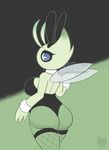  1girl 2017 animal_ears antennae artist_name ass black_background black_legwear blue_eyes breasts bunnnysuit bunny_ears bunny_girl celebi dated detached_collar drinking_glass fairy_wings fake_animal_ears female fishnet_legwear fishnets from_behind furry glass green_background half-closed_eyes hand_up highres laranthrod large_breasts looking_at_viewer looking_back looking_to_the_side no_humans personification pokemon pokemon_(creature) pokemon_gsc simple_background solo standing text thighhighs two-tone_background waitress walking watermark wings wrist_cuffs 