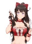  1girl black_hair blue_eyes bow bra breasts choker cleavage collarbone hair_bow high_ponytail large_breasts long_hair looking_at_viewer navel original red_bow red_bra red_ribbon ribbon ribbon_choker saruno_(eyesonly712) shiny shiny_hair simple_background smile solo strapless strapless_bra striped striped_bow underwear underwear_only upper_body very_long_hair white_background wrist_ribbon 