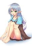  absurdres barefoot blush collarbone eyebrows_visible_through_hair green_eyes grey_hair highres long_hair looking_at_viewer open_mouth original phano_(125042) pointy_ears sitting smile solo 